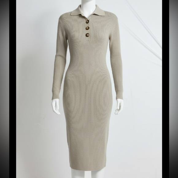 Dresses & Skirts - Fitted Long Sleeve Knit Dress in Beige Button neck and collar with pockets SMALL